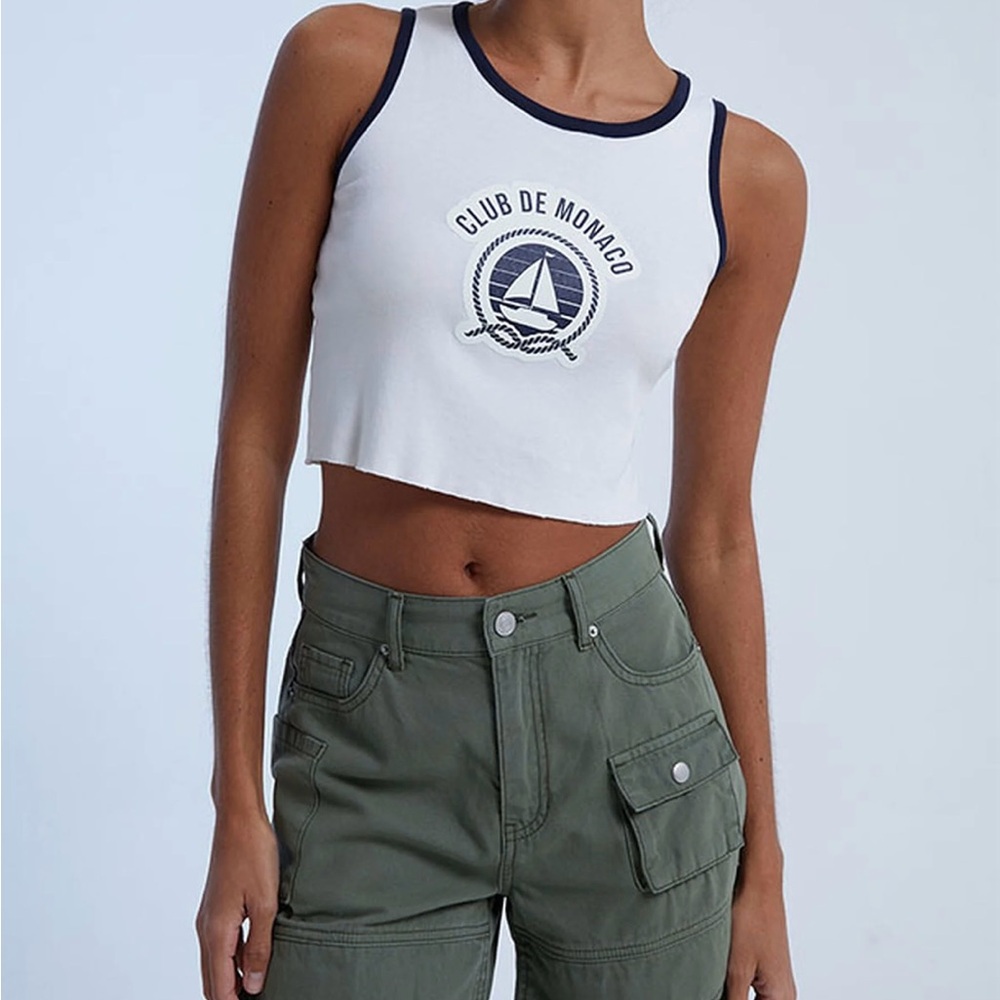 PacSun Graphic Tank Top PS / LA Club De Monaco Cropped Raw Hem Med Y2K white